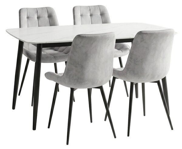 Set Masă Atlas Marble Albă cu 4 Scaune Onix Gri Deschis, Blat din Piatră Sinterizată, 120 × 77,5 × 72 cm