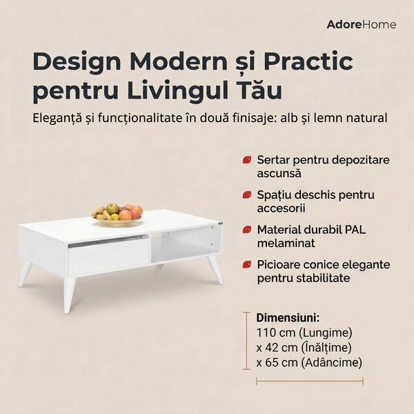 Masuta Cafea cu sertar Adore Living, Alb - Maro - Natur, 110x42x65 cm