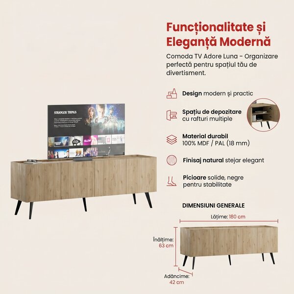 Comoda TV Adore Luna, Stejar, 180x63x42 cm
