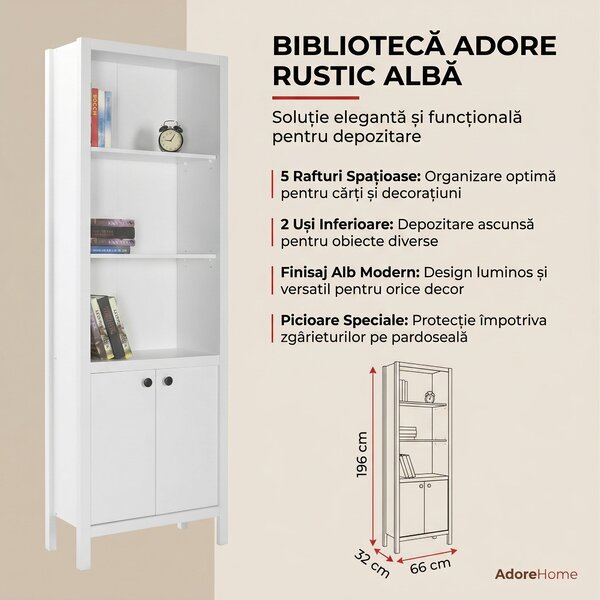 Biblioteca Adore Rustic cu 5 rafturi si usi, Alb, 66x196x32 cm