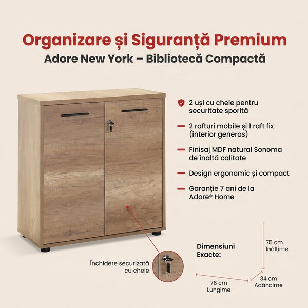 Biblioteca Adore New York, 2 usi cu cheie, 3 rafturi, Natur - Sonoma, 76x75x34 cm