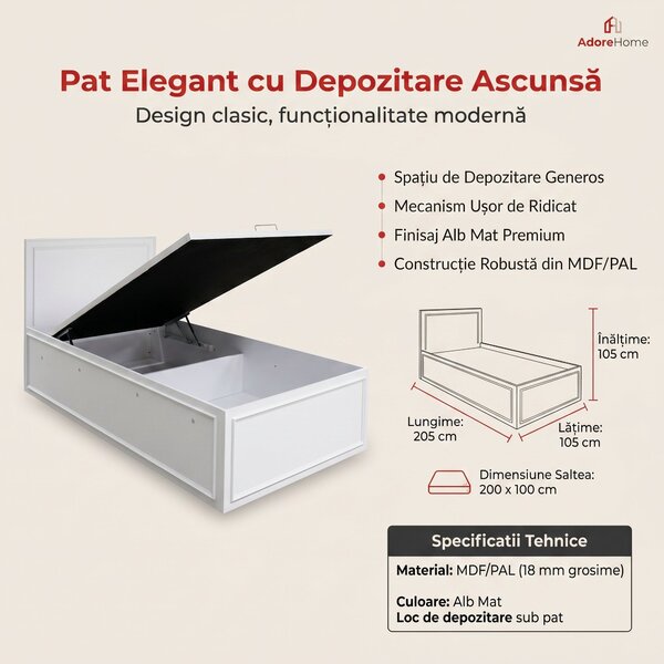 Pat de o persoana Adore Country cu loc de depozitare, Alb, 105x105x205 cm