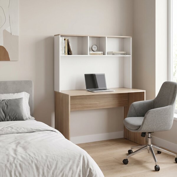 Birou Adore Base cu biblioteca, Alb - Stejar, 110x149x52 cm