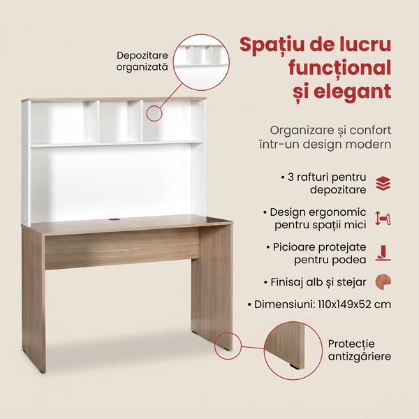 Birou Adore Base cu biblioteca, Alb - Stejar, 110x149x52 cm