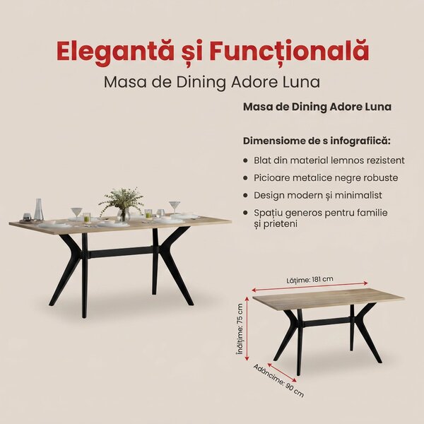 Masă de Dining Adore Luna, Stejar, 181x75x90 cm