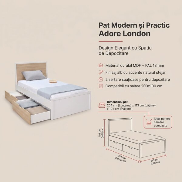 Pat de o persoana Adore London cu sertare, Alb, 113x103x204 cm
