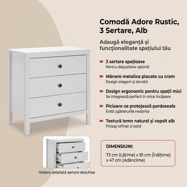 Comoda Adore Rustic, 3 sertare, Alb, 73x81x47 cm