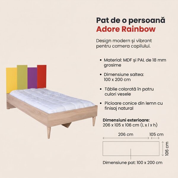 Pat de o persoană Adore Rainbow, Multicolor, 105x106x206 cm