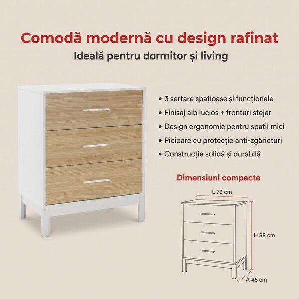 Comoda Adore London, 3 sertare, Alb - Stejar, 73x88x45 cm
