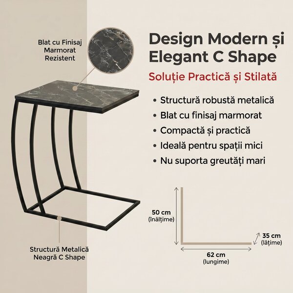 Masuta Cafea Laterala Adore C shape, 50x62x35 cm