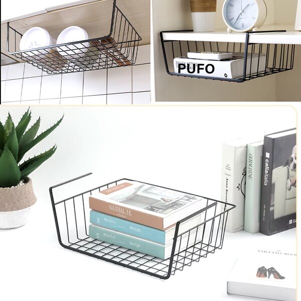 Suport metalic tip cos pentru depozitare sub raft Pufo pentru casa si bucatarie, multifunctional, 31 x 25 cm, negru