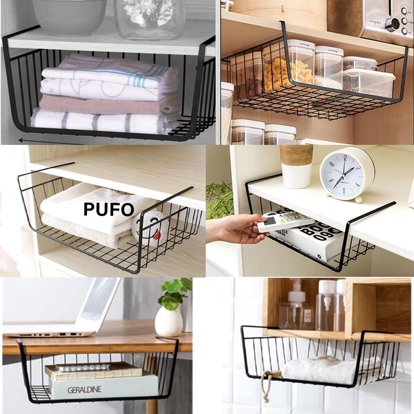 Suport metalic tip cos pentru depozitare sub raft Pufo pentru casa si bucatarie, multifunctional, 31 x 25 cm, negru