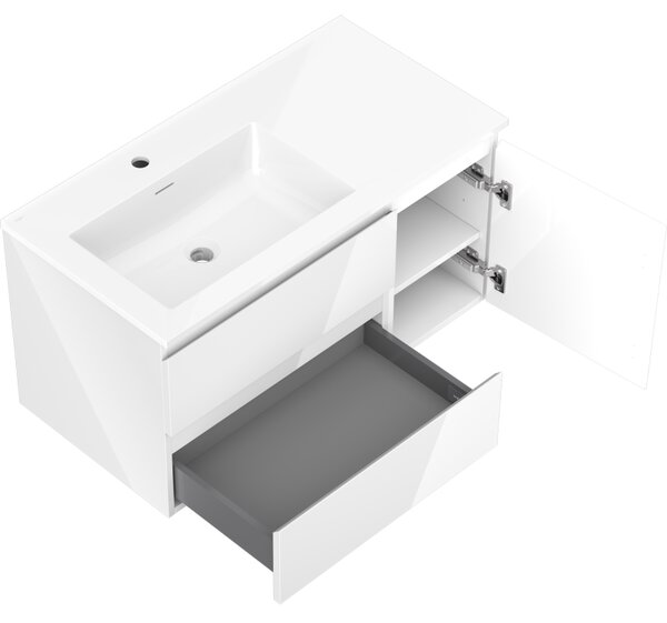 Mexen Orio, mobilier baie 90 cm cu lavoar Otis stânga, 2S, 1D, alb lucios, 91A13-09047-3-BBFFF00-W18L00
