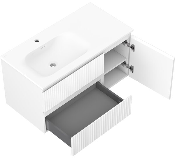 Mexen Rivel, mobilier baie 90 cm cu lavoar Vela stânga, 2S, 1D, canelat, alb mat, 91A23-09047-3-BBFFF01-W23L01