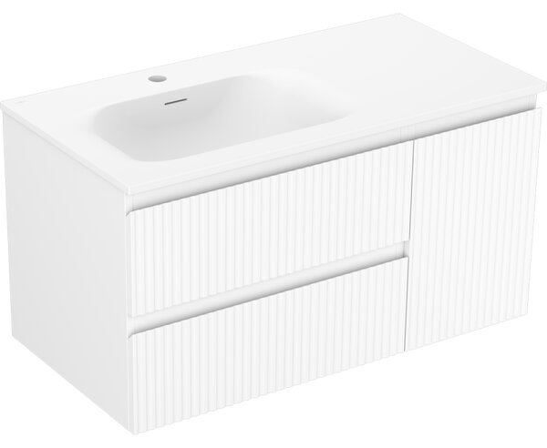 Mexen Rivel, mobilier baie 90 cm cu lavoar Vela stânga, 2S, 1D, canelat, alb mat, 91A23-09047-3-BBFFF01-W23L01