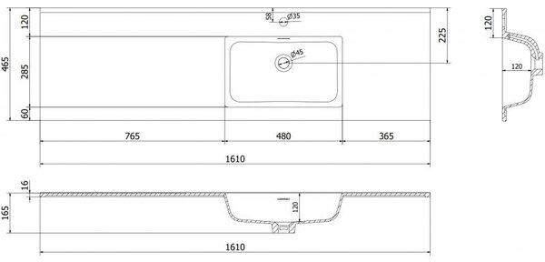 Mexen Otis chiuvetă încastrată în blat dreapta 161 x 46,5 cm, alb lucios - 25181600P