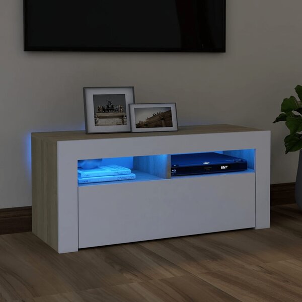 Comodă TV cu lumini LED, alb și stejar Sonoma, 90x35x40 cm
