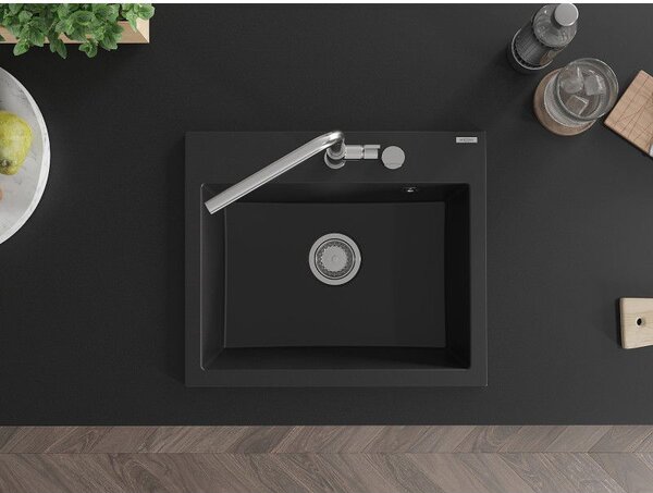 Mexen Oscar chiuvetă din granit cu 1 compartiment 580 x 490 mm, negru, sifon crom - 6519581000-77