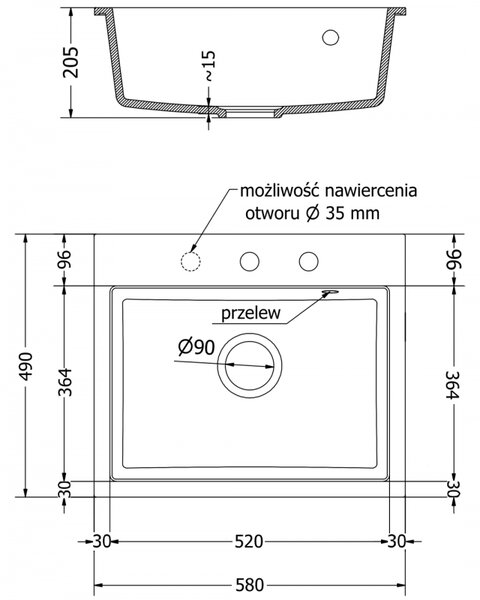Mexen Oscar chiuvetă din granit cu 1 compartiment 580 x 490 mm, negru, sifon crom - 6519581000-77