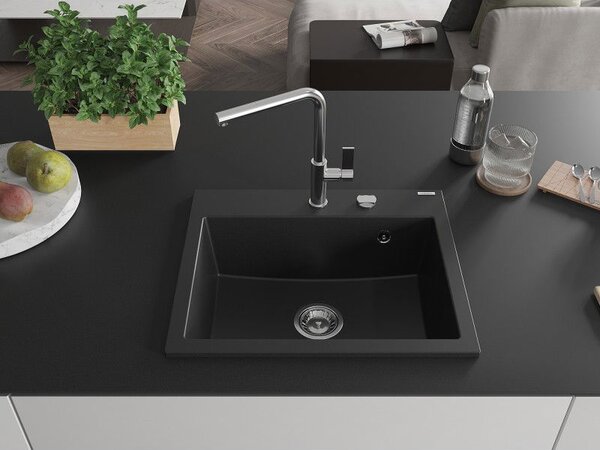 Mexen Oscar chiuvetă din granit cu 1 compartiment 580 x 490 mm, negru, sifon crom - 6519581000-77