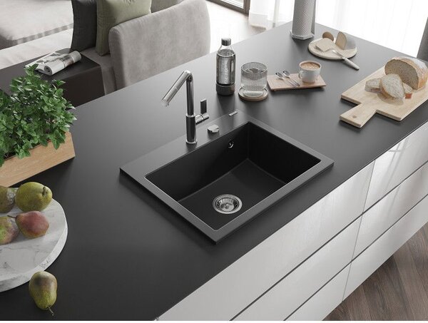 Mexen Oscar chiuvetă din granit cu 1 compartiment 580 x 490 mm, negru, sifon crom - 6519581000-77
