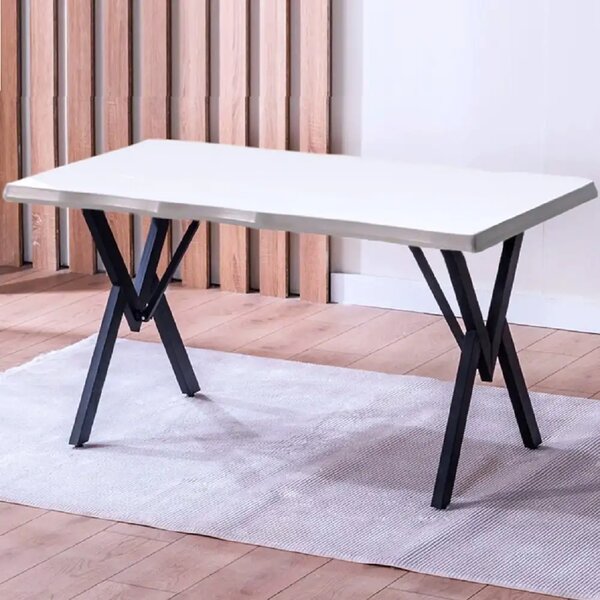 Set Masa Barton din MDF cu 4 Scaune din metal, alb si negru, 140 cm