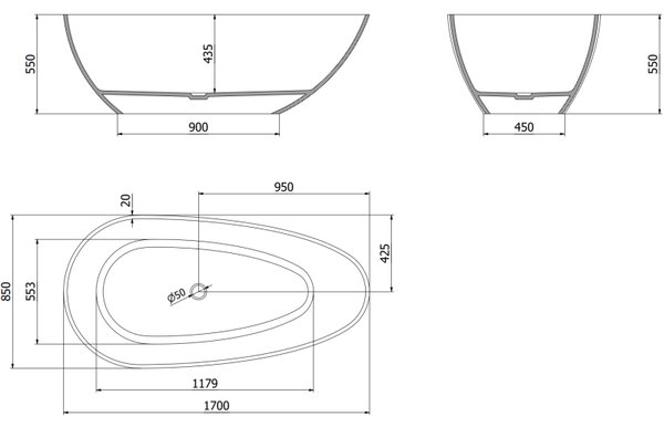 Cadă de baie transparentă independentă Mexen Glass Denim 170 x 85 cm, dop cromat, 58061708507