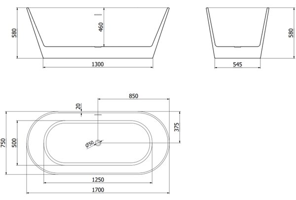 Mexen Flavia, cada de sine stătătoare 170 x 75 cm, alb, preaplin negru mat, 54031708000-70