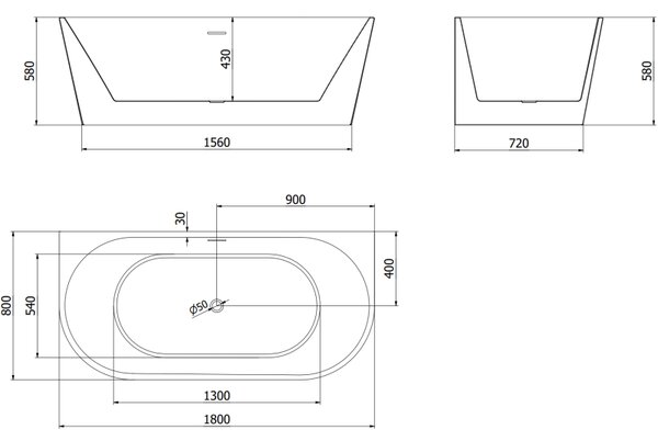 Mexen Oval cadă independentă pe perete 180 x 80 cm, albă, preaplin negru - 52671808000-70