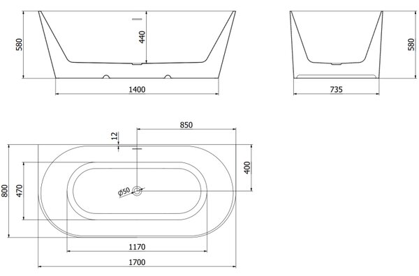 Mexen Oval Slim, cadă de baie independentă lângă perete, 170 x 80 cm, alb-gri, preaplin grafit periat, 52661708062-66