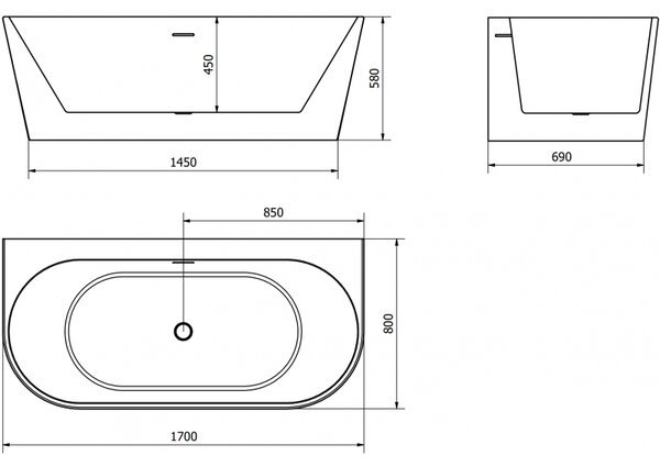 Mexen Oval+, cadă de sine stătătoare pe perete 170 x 80 cm, alb lucios, crom preaplin, 52681708000-01
