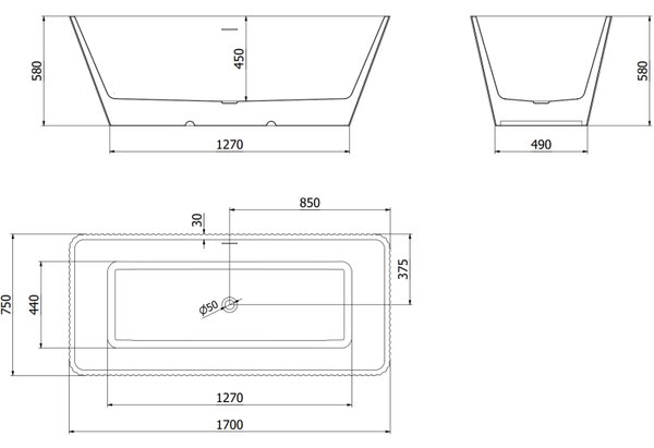 Mexen Tava, cadă de baie independentă cu caneluri 170 x 75 cm, alb-negru, preaplin grafit periat, 52851707575-66
