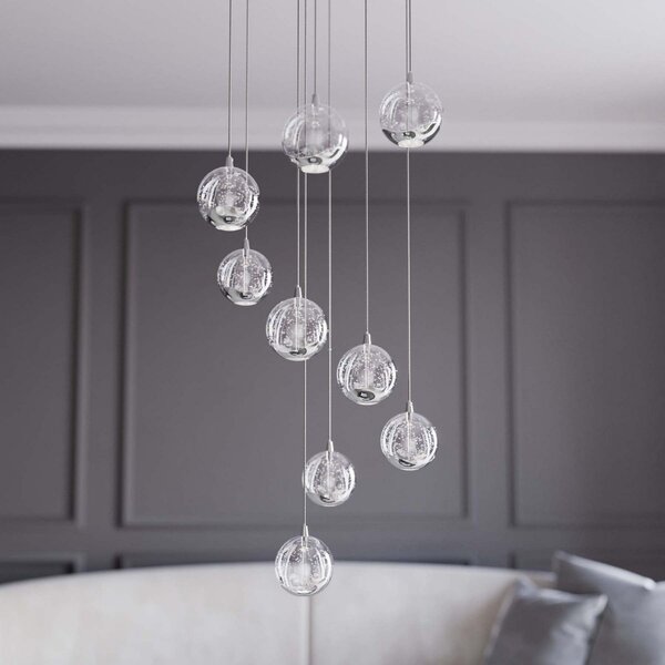 Lucande Lampă suspendată LED Hayley, Ø 40 cm, 9 becuri, crom, sticlă, Metalic, Camera de zi / sufragerie, Sticlă, Design