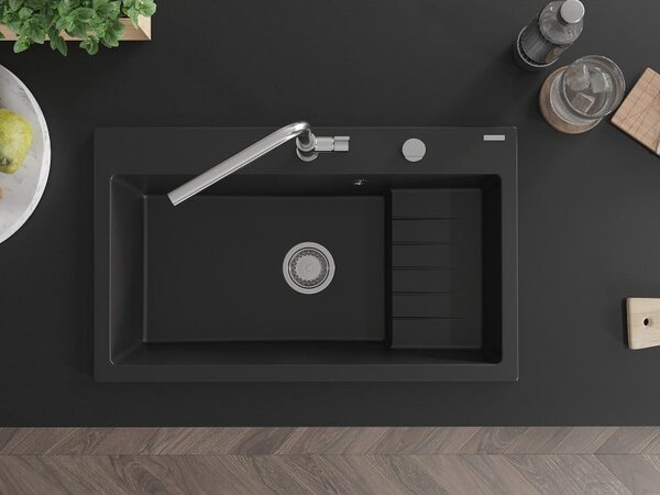 Mexen Omar chiuvetă granit cu 1 cuvă 800 x 480 mm, negru, sifon crom - 6520801005-77