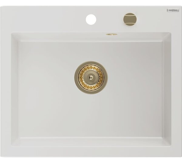 Mexen Elix chiuvetă din granit cu 1 compartiment 600 x 500 mm, albă, sifon auriu - 6525601005-20-G
