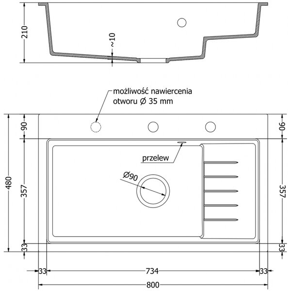 Mexen Omar, chiuveta granit cu 1 camera 800x480x210 mm, negru-auriu metalic, sifon crom, 6520801005-75