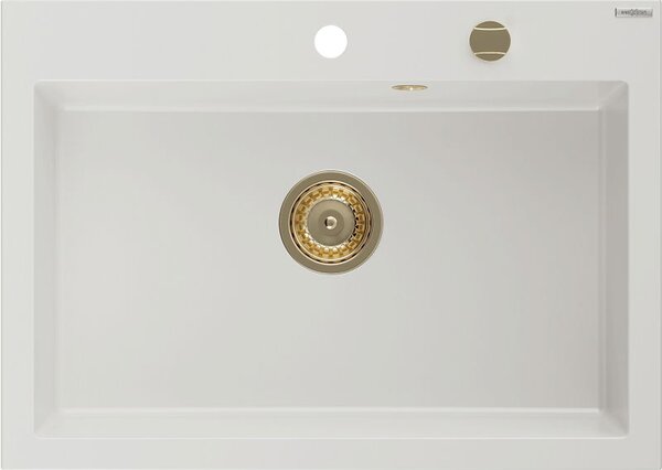 Mexen Elix chiuvetă din granit cu 1 compartiment 700 x 500 mm, albă, sifon auriu - 6526701005-20-G