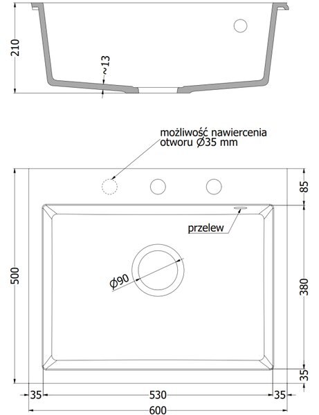 Mexen Elix, chiuvetă granit cu 1 vas 600 x 500 mm, bej, sifon negru, 6525601005-69-B