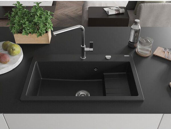 Mexen Omar chiuvetă granit cu 1 cuvă 800 x 480 mm, negru, sifon crom - 6520801005-77