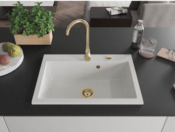 Mexen Elix chiuvetă din granit cu 1 compartiment 700 x 500 mm, albă, sifon auriu - 6526701005-20-G