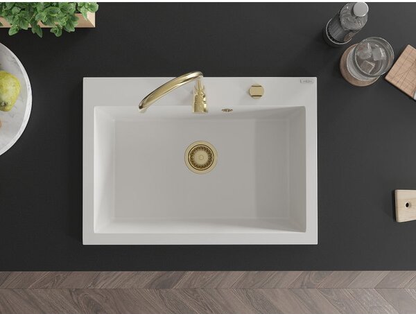 Mexen Elix chiuvetă din granit cu 1 compartiment 700 x 500 mm, albă, sifon auriu - 6526701005-20-G