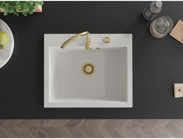 Mexen Elix chiuvetă din granit cu 1 compartiment 600 x 500 mm, albă, sifon auriu - 6525601005-20-G