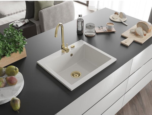 Mexen Elix chiuvetă din granit cu 1 compartiment 600 x 500 mm, albă, sifon auriu - 6525601005-20-G