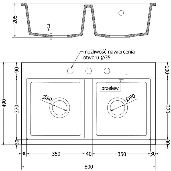 Mexen Hektor chiuvetă din granit cu 2 compartimente 800 x 480 mm, gri, sifon crom - 6521802000-71