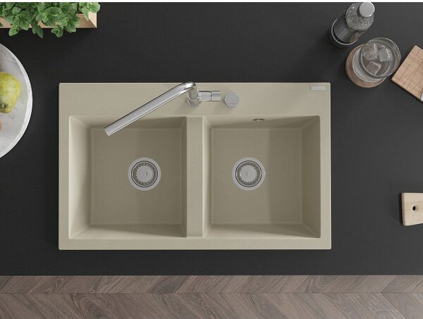 Mexen Hektor chiuvetă de granit cu 2 cuve 800 x 480 mm, bej, sifon crom - 6521802000-69