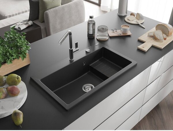 Mexen Omar chiuvetă granit cu 1 cuvă 800 x 480 mm, negru, sifon crom - 6520801005-77