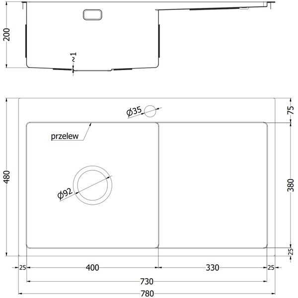 Chiuvetă Mexen Exar, din oțel inoxidabil cu 1 cuvă și scurgător, dreapta, 780 x 480 mm, neagră, model fagure, 6434781010P-70HC