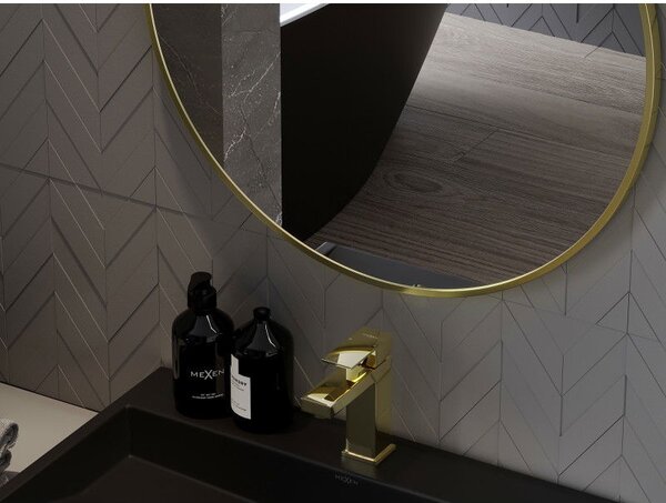 Mexen Loft, oglinda baie rotunda 100 cm, culoare rama auriu lucios, 9850-100-100-000-50