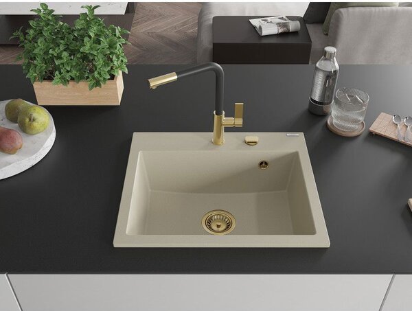 Mexen Oscar chiuvetă granit 1-cu-vadru 580 x 490 mm, bej, sifon auriu - 6519581000-69-G