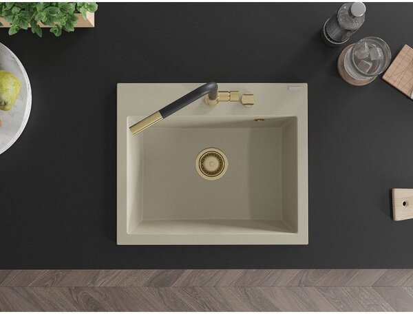Mexen Oscar chiuvetă granit 1-cu-vadru 580 x 490 mm, bej, sifon auriu - 6519581000-69-G